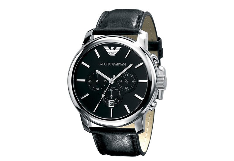 Emporio Armani Classic Chronograph Black Dial Black Leather Strap Watch For Men - AR0431 Watches Emporio Armani   