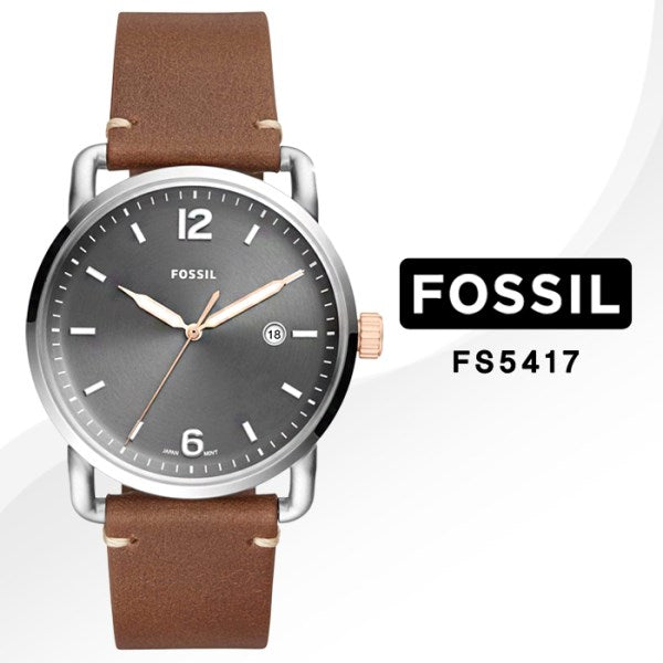 Fossil Commuter Grey Dial Brown Leather Strap Watch for Men - FS5417 Watches Fossil   