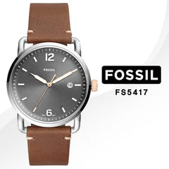 Fossil Commuter Grey Dial Brown Leather Strap Watch for Men - FS5417 Watches Fossil   