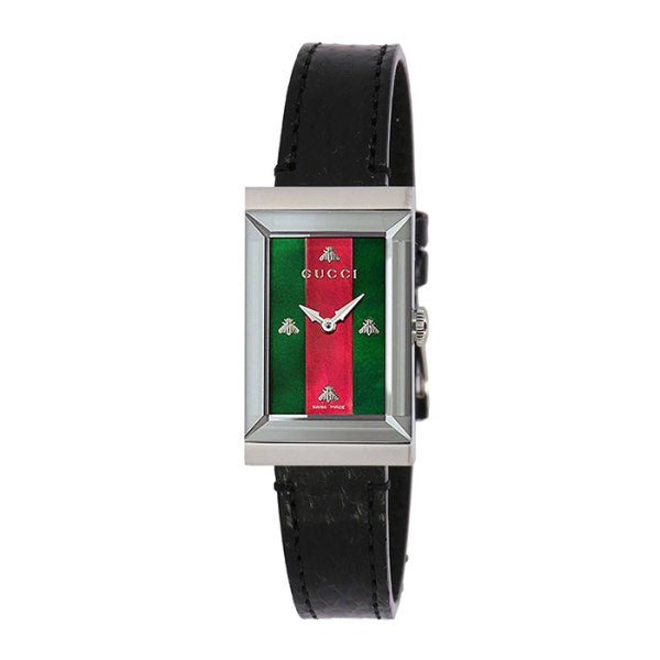 Gucci G-Frame Mother of Pearl Green & Red Dial Black Leather Strap Watch For Women - YA147403 Watches Gucci   