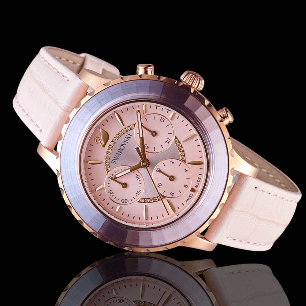 Swarovski Octea Lux Chrono Pink Dial Pink Leather Strap Watch for Women - 5452501 Watches Swarovski   