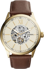 Fossil Flynn Mechanical Skeleton Champagne Dial Brown Leather Strap Watch for Men - BQ2215 Watches Fossil   