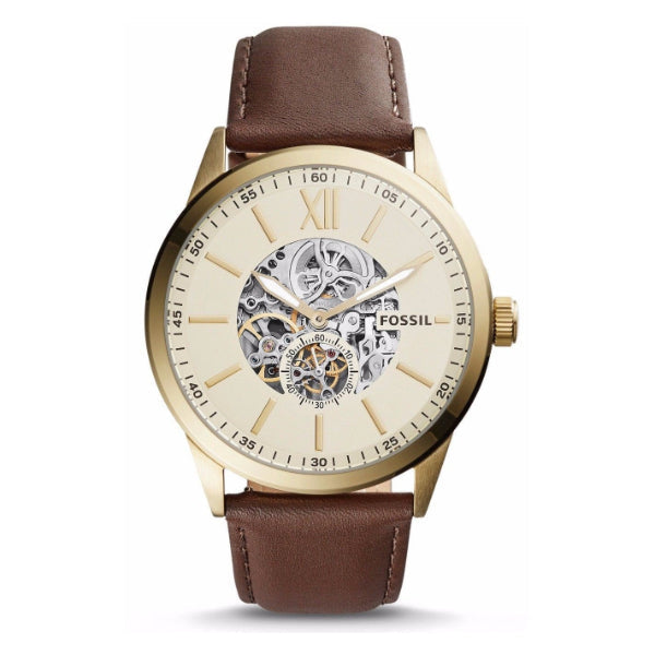 Fossil Flynn Mechanical Skeleton Champagne Dial Brown Leather Strap Watch for Men - BQ2215 Watches Fossil   