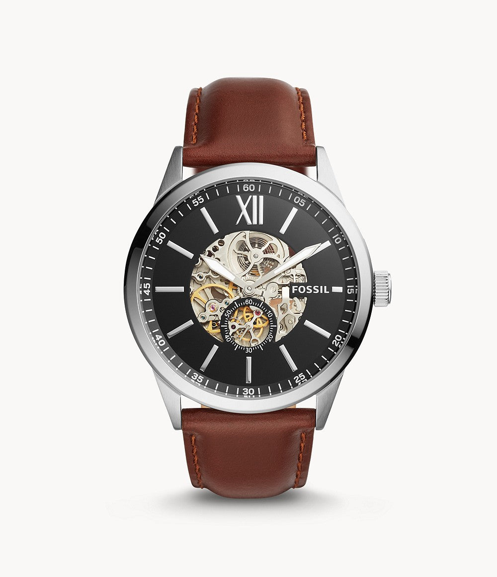 Fossil Flynn Automatic Black Dial Brown Leather Strap Watch for Men - BQ2270 Watches Fossil   