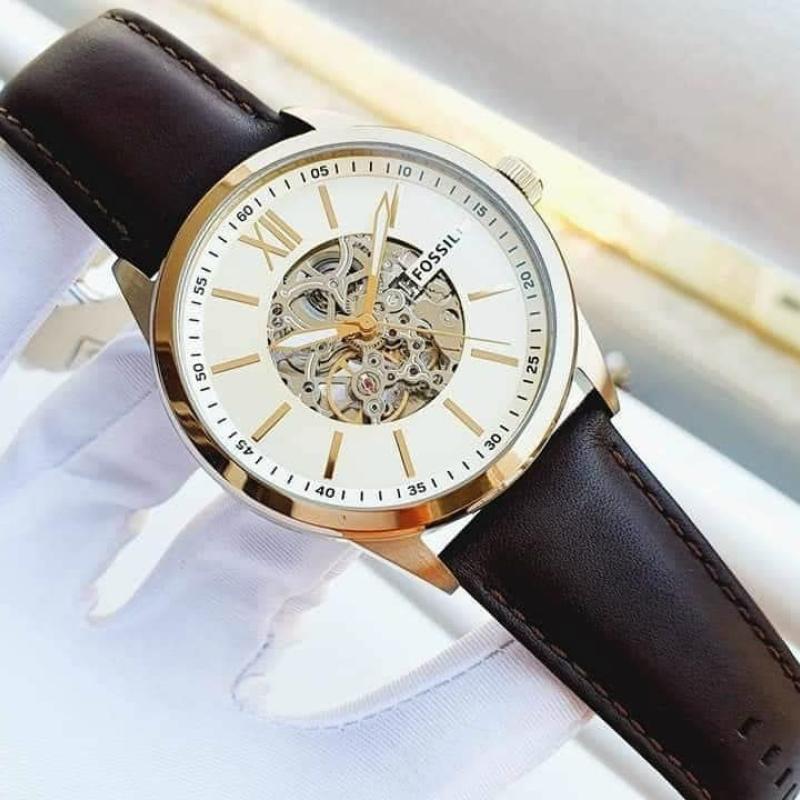Fossil Flynn Mechanical Skeleton Champagne Dial Brown Leather Strap Watch for Men - BQ2215 Watches Fossil   