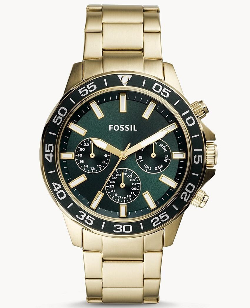 Fossil Bannon Multifunction Chronograph Green Dial Gold Steel Strap Watch for Men - BQ2493 Watches Fossil   