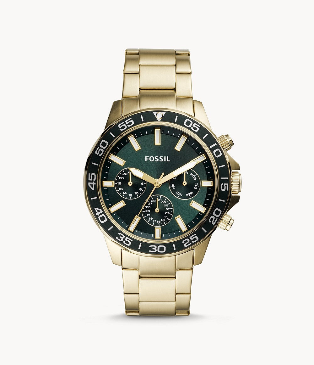 Fossil Bannon Multifunction Chronograph Green Dial Gold Steel Strap Watch for Men - BQ2493 Watches Fossil   