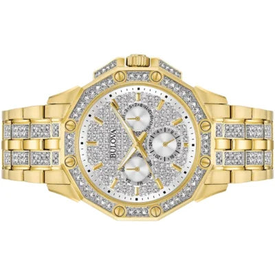 Bulova Crystal Collection Octova White Dial Gold Steel Strap Watch for Men - 98C126 Watches Bulova   