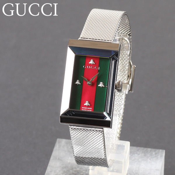 Gucci G Frame Red and Green Dial Silver Mesh Bracelet Watch For Women - YA147401 Watches Gucci   