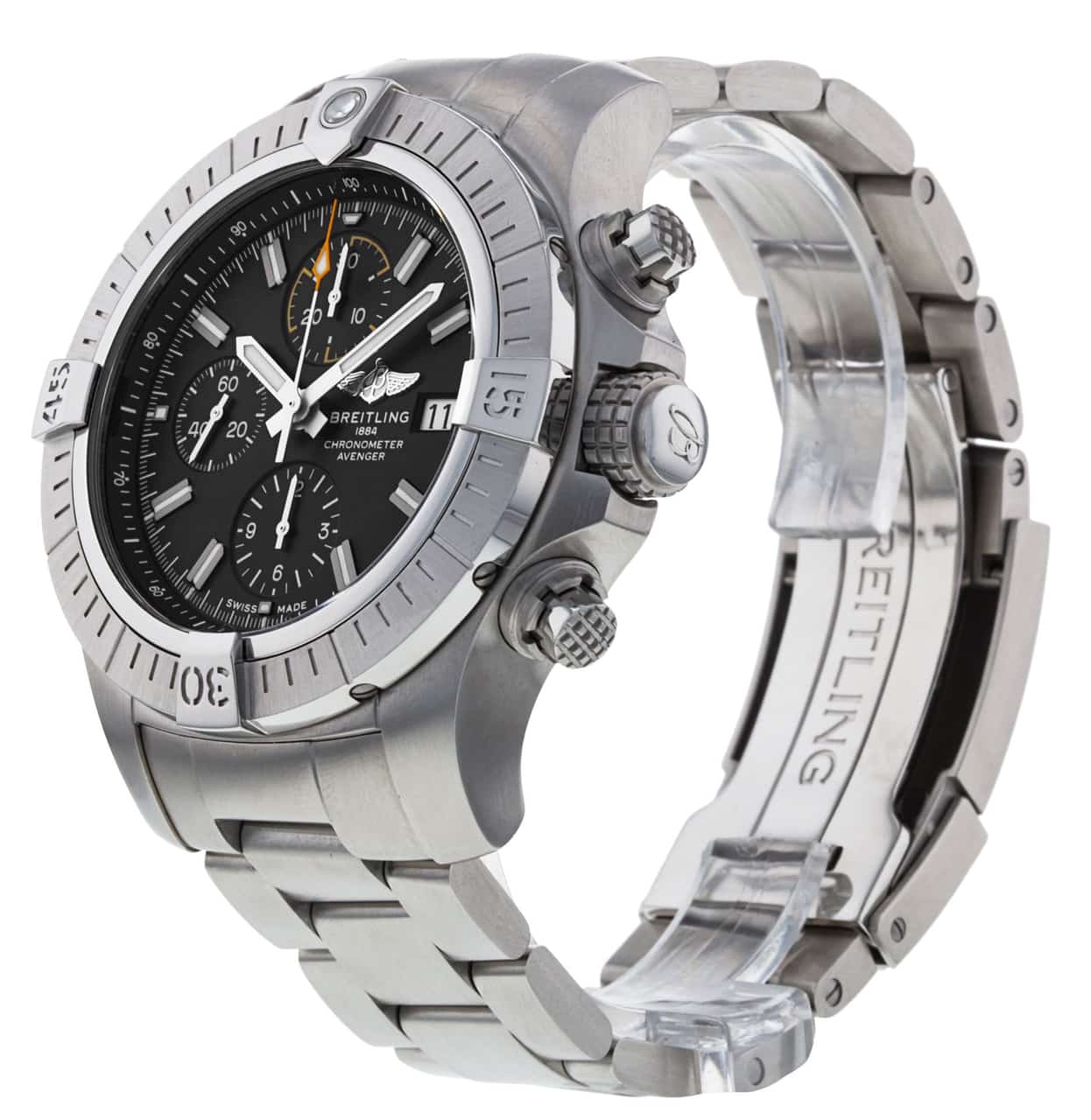 Breitling Avenger Chronograph 45mm Black Dial Silver Steel Strap Watch for Men - A13317101B1A1 Watches Breitling   