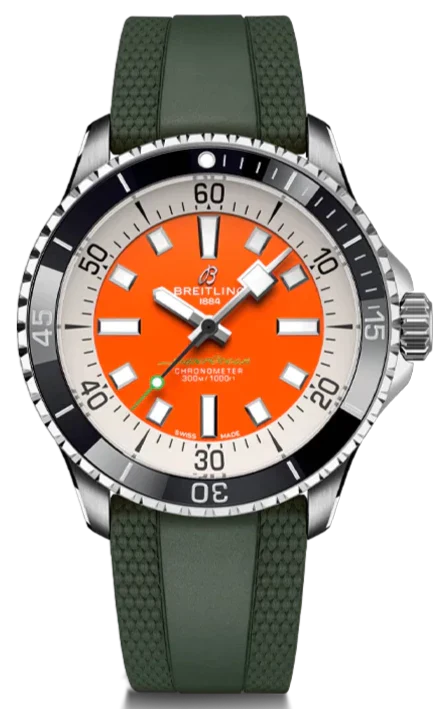 Breitling Superocean Automatic 42mm Kelly Slater Limited Edition Orange Dial Green Rubber Strap Watch for Men - A173751A101S1 Watches Breitling   