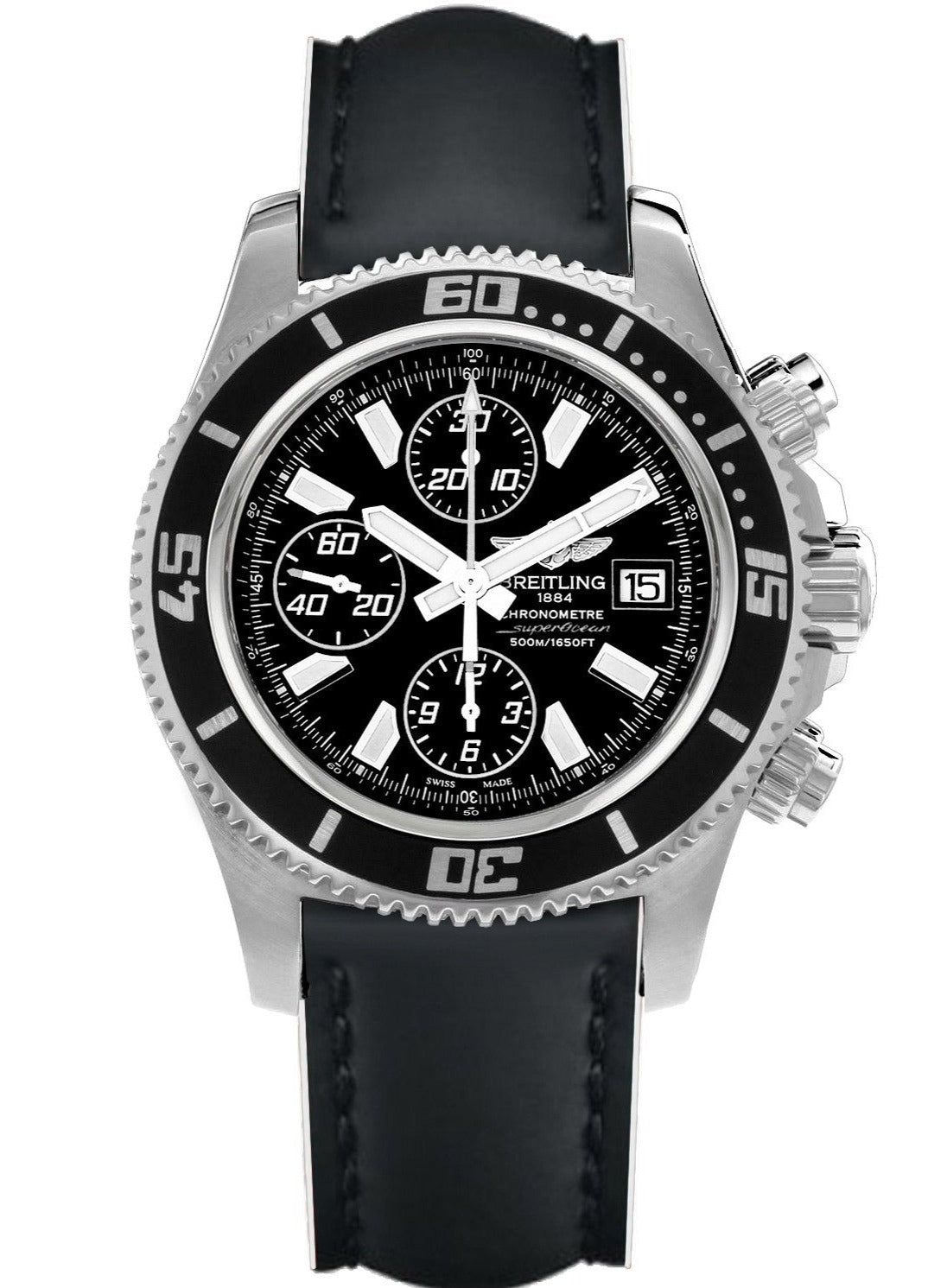 Breitling Superocean Chronograph II 44mm Automatic Black Dial Black Leather Strap Mens Watch - A1334102/BA84 Watches Breitling   