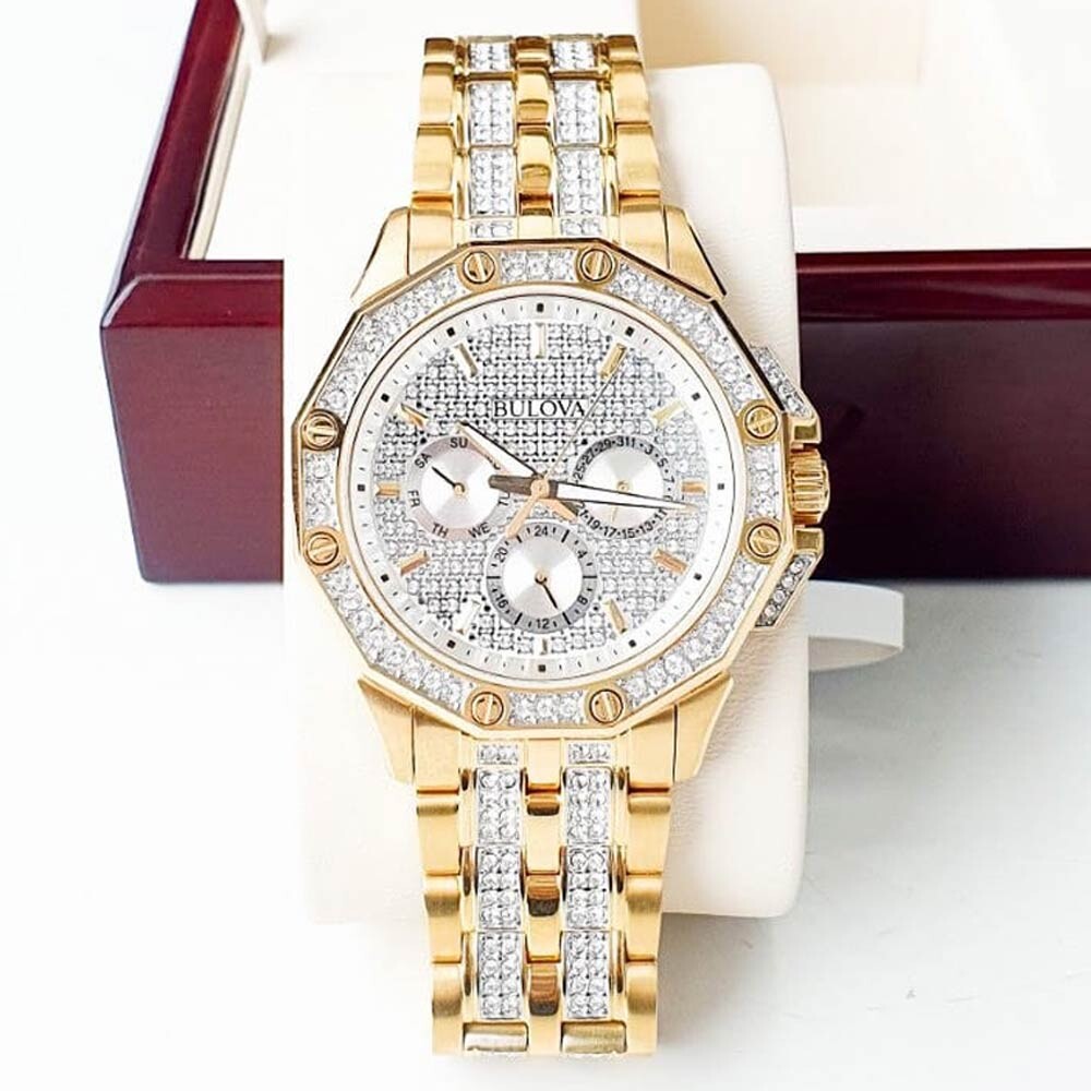 Bulova Crystal Collection Octova White Dial Gold Steel Strap Watch for Men - 98C126 Watches Bulova   