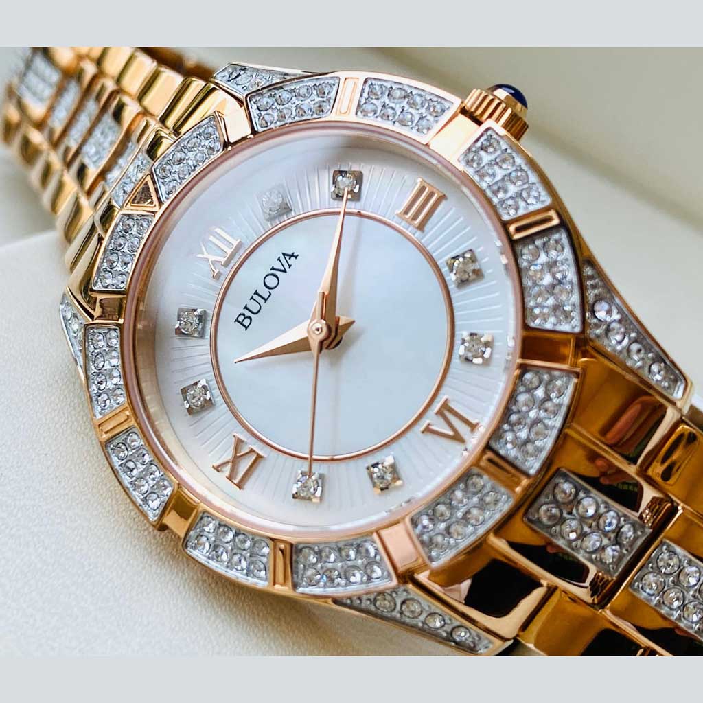 Bulova Crystal Mother of Pearl Dial Rose Gold Steel Strap Watch for Women - 98L197 Watches Bulova   