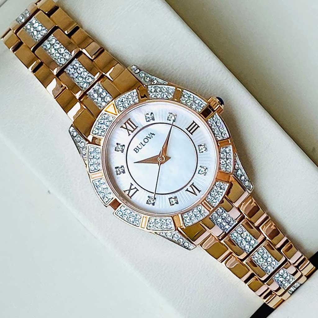 Bulova Crystal Mother of Pearl Dial Rose Gold Steel Strap Watch for Women - 98L197 Watches Bulova   