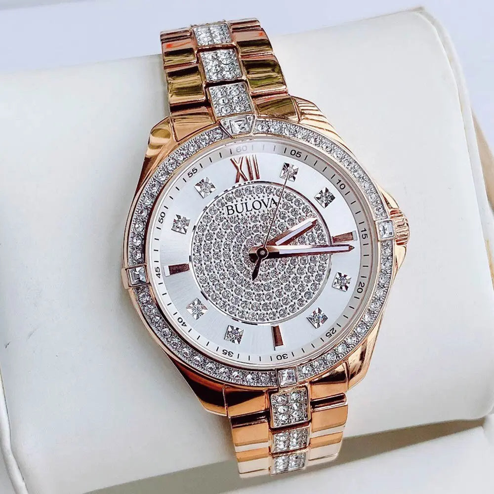 Bulova Crystal Collection Silver Dial Rose Gold Steel Strap Watch for Women - 98L229 Watches Bulova   