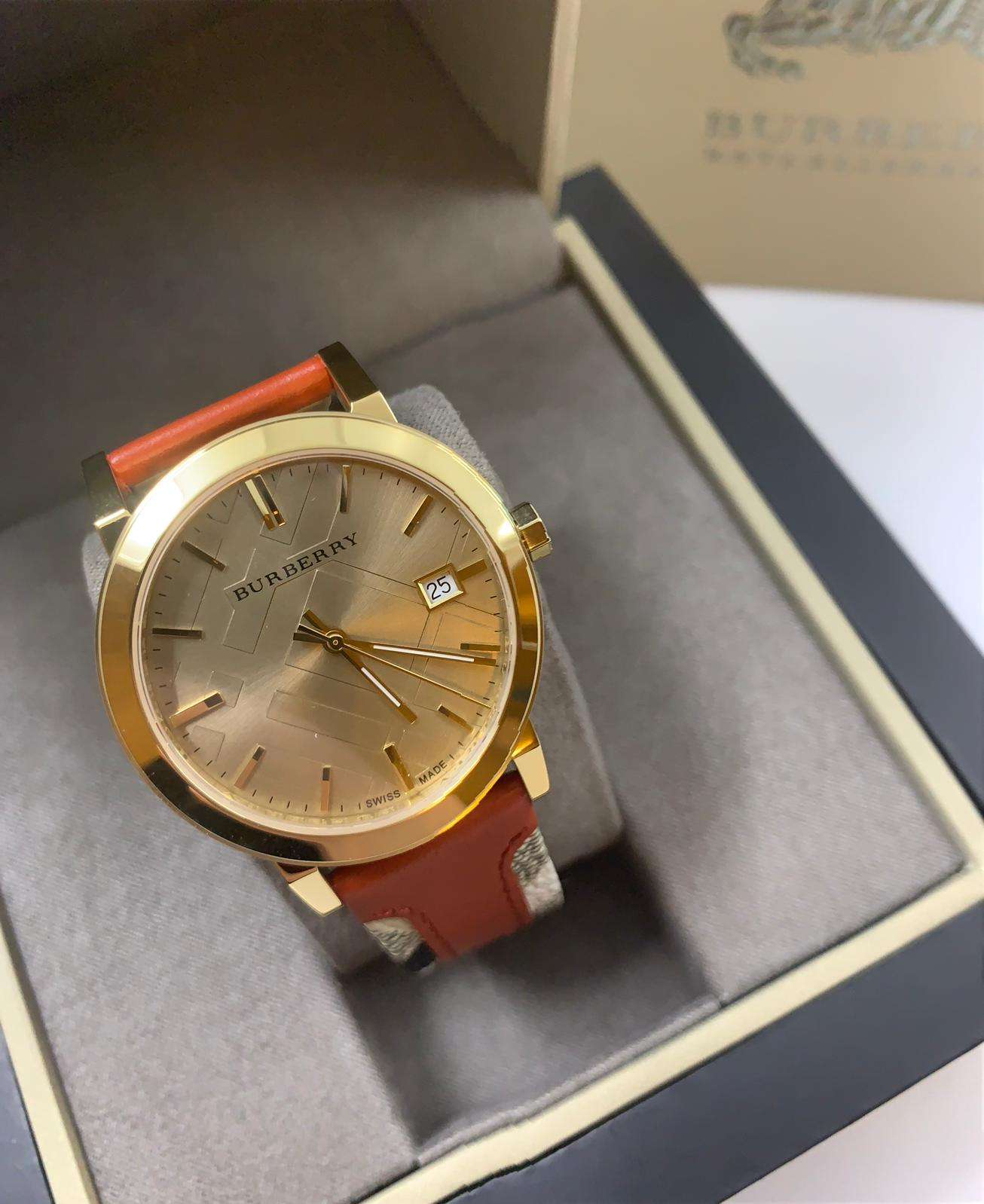 Burberry The City Gold Dial Orange Leather Strap Watch for Women - BU9016 Watches Burberry   