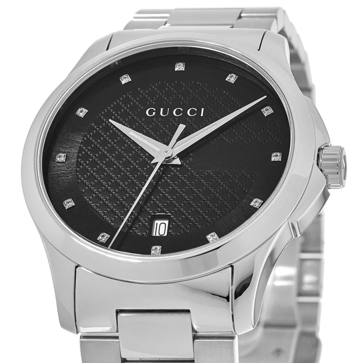 Gucci G Timeless Diamonds Black Dial Silver Steel Strap Watch For Men - YA126456 Watches Gucci   