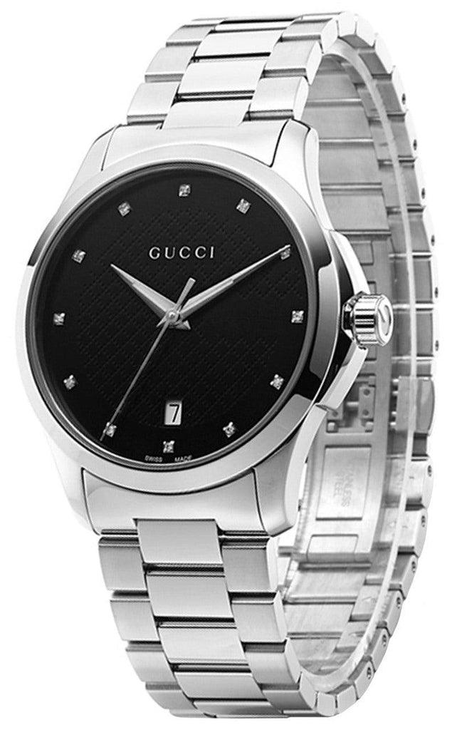 Gucci G Timeless Diamonds Black Dial Silver Steel Strap Watch For Men - YA126456 Watches Gucci   