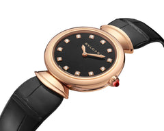 Bvlgari Divas Dream Quartz Diamonds Black Dial Black Leather Strap Watch For Women - DREAM102841