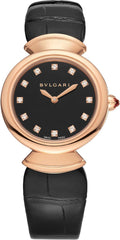 Bvlgari Divas Dream Quartz Diamonds Black Dial Black Leather Strap Watch For Women - DREAM102841