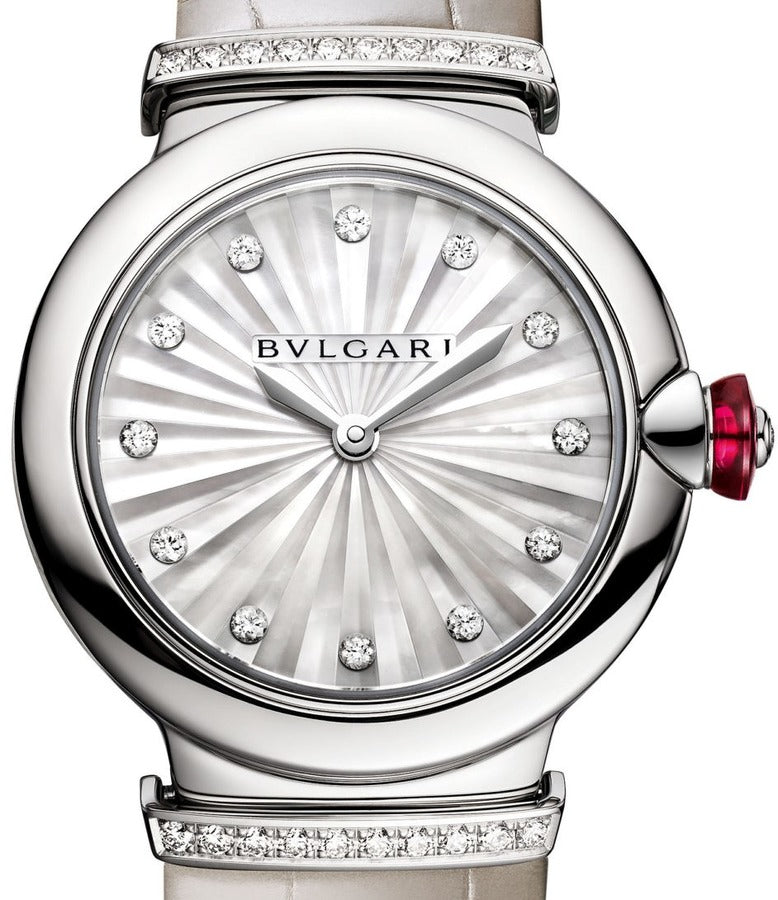 Bvlgari LVCEA Diamonds Silver Mother Of Pearl Dial Silver Leather Strap Watch For Women - LVCEA103367