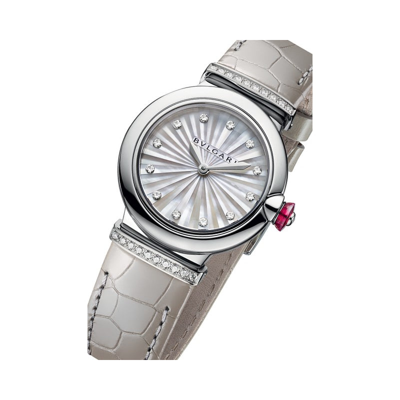 Bvlgari LVCEA Diamonds Silver Mother Of Pearl Dial Silver Leather Strap Watch For Women - LVCEA103367