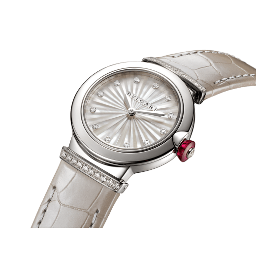 Bvlgari LVCEA Diamonds Silver Mother Of Pearl Dial Silver Leather Strap Watch For Women - LVCEA103367
