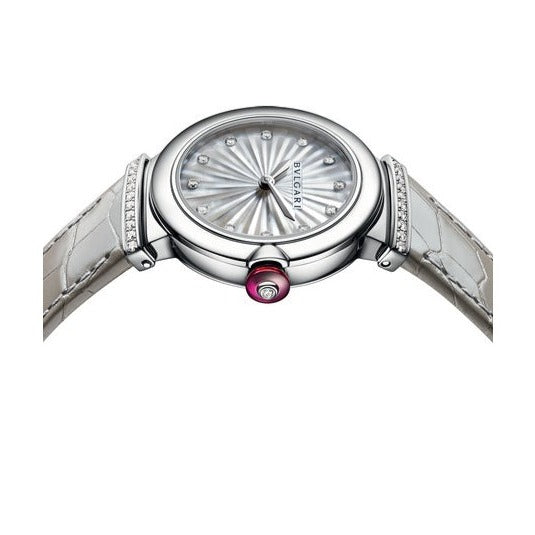 Bvlgari LVCEA Diamonds Silver Mother Of Pearl Dial Silver Leather Strap Watch For Women - LVCEA103367
