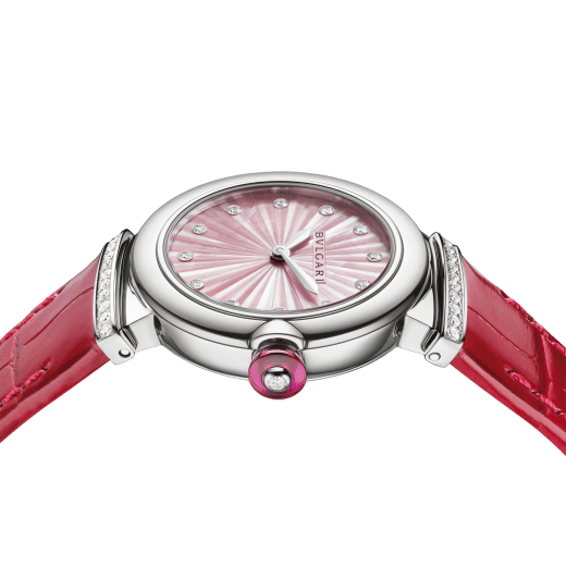 Bvlgari Lvcea Intarsio Diamonds Mother Of Pearl Pink Dial Red Leather Strap Watch For Women - LVCEA103619