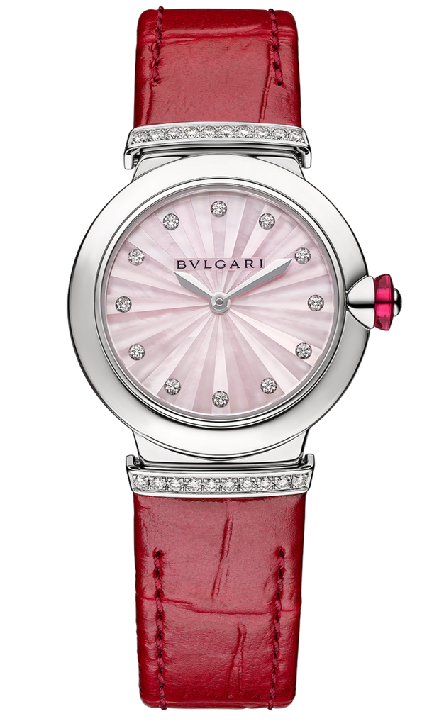 Bvlgari Lvcea Intarsio Diamonds Mother Of Pearl Pink Dial Red Leather Strap Watch For Women - LVCEA103619