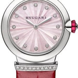 Bvlgari Lvcea Intarsio Diamonds Mother Of Pearl Pink Dial Red Leather Strap Watch For Women - LVCEA103619