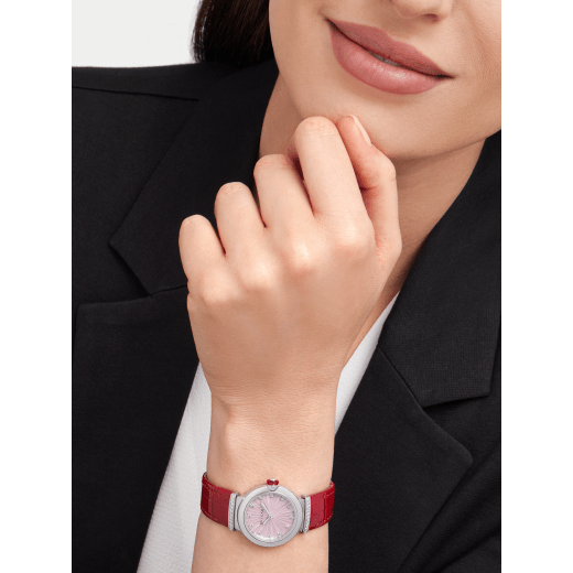 Bvlgari Lvcea Intarsio Diamonds Mother Of Pearl Pink Dial Red Leather Strap Watch For Women - LVCEA103619