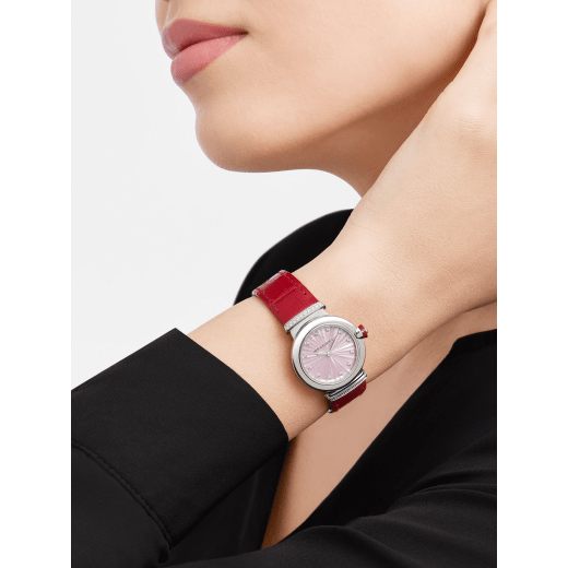 Bvlgari Lvcea Intarsio Diamonds Mother Of Pearl Pink Dial Red Leather Strap Watch For Women - LVCEA103619