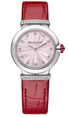 Bvlgari Lvcea Intarsio Diamonds Mother Of Pearl Pink Dial Red Leather Strap Watch For Women - LVCEA103619