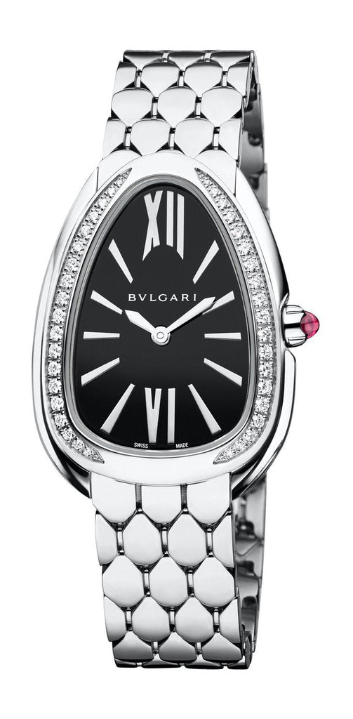 Bvlgari Serpenti Seduttori Diamonds Black Dial Silver Steel Strap Watch For Women - SERPENTI103449