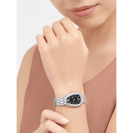 Bvlgari Serpenti Seduttori Diamonds Black Dial Silver Steel Strap Watch For Women - SERPENTI103449