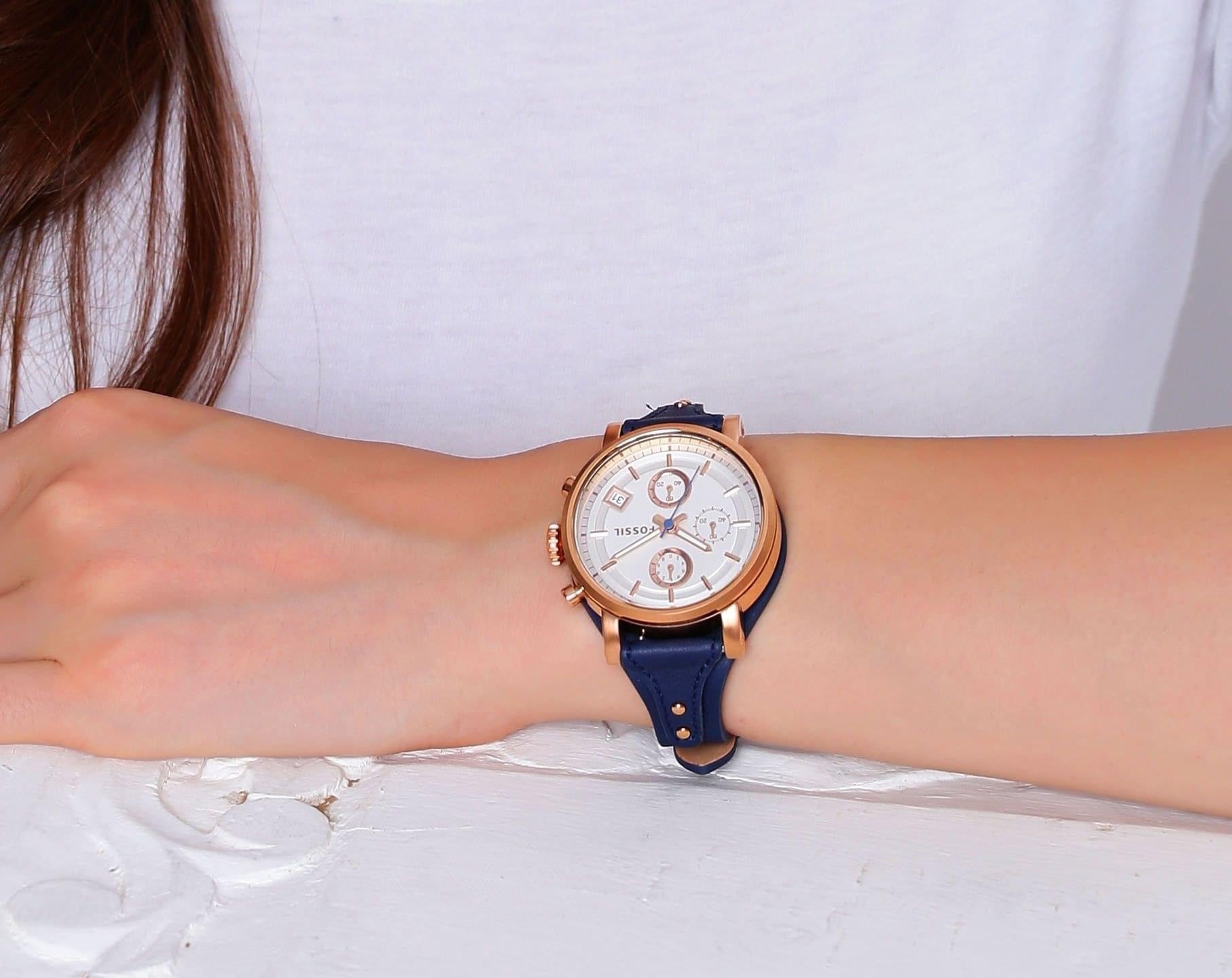 Fossil Original Boyfriend Chronograph White Dial Navy Blue Leather Strap Watch for Women - ES3838 Watches Fossil   