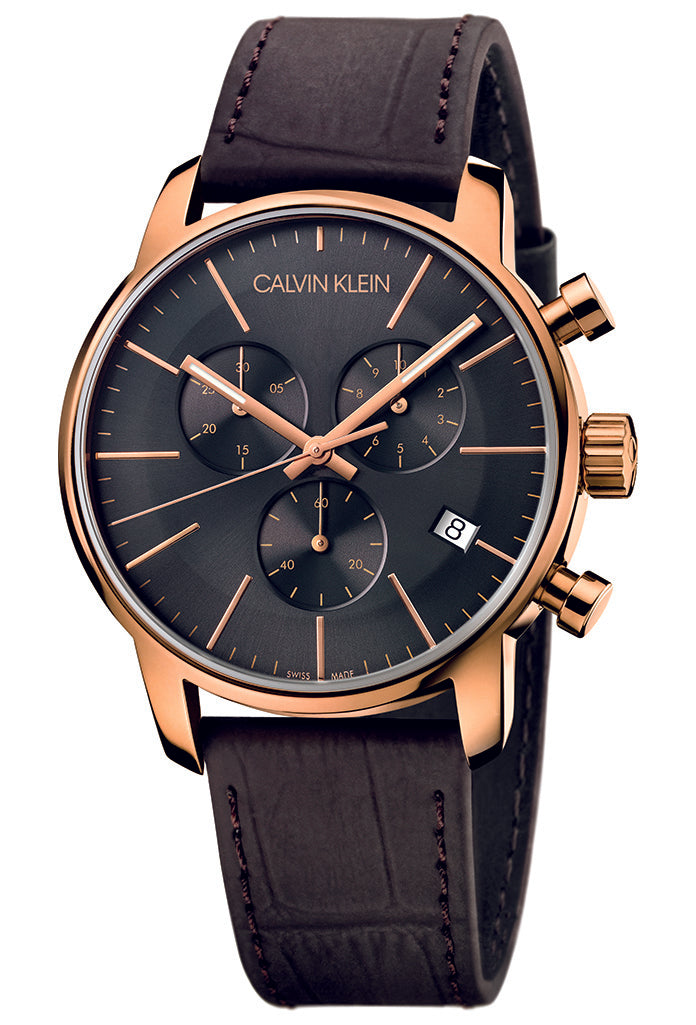 Calvin Klein City Chronograph Grey Dial Brown Leather Strap Watch for Men - K2G276G3 Watches Calvin Klein   