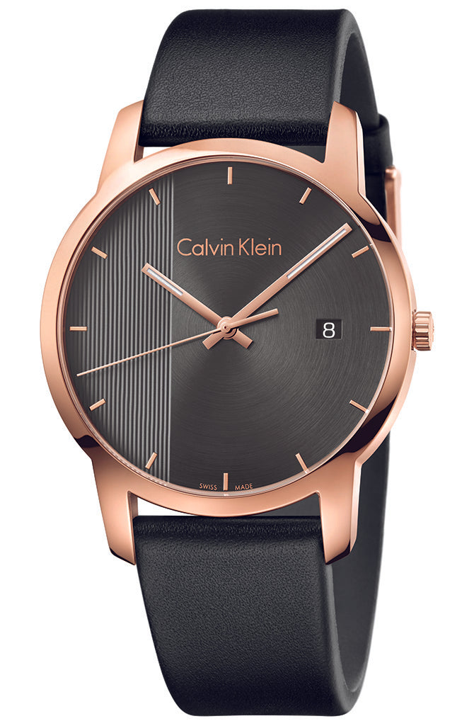 Calvin Klein City Quartz Grey Dial Black Leather Strap Watch for Men - K2G2G6C3 Watches Calvin Klein   