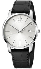 Calvin Klein City Date Silver Dial Black Leather Strap Watch for Men - K2G2G1C6 Watches Calvin Klein   