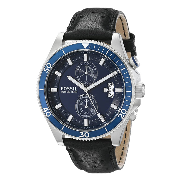 Fossil Wakefield Chronograph Blue Dial Black Leather Strap Watch for Women - CH2945 Watches Fossil   