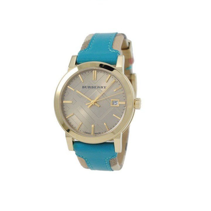 Burberry The City Gold Dial Turquoise Leather Strap Watch for Women - BU9018 Watches Burberry   