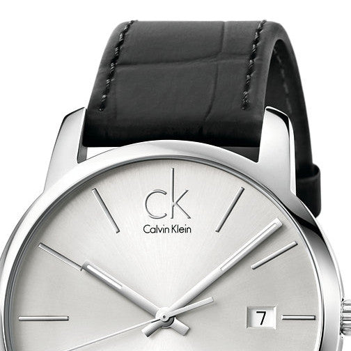 Calvin Klein City Date Silver Dial Black Leather Strap Watch for Men - K2G2G1C6 Watches Calvin Klein   