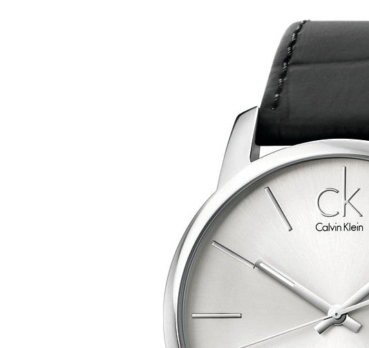 Calvin Klein City Date Silver Dial Black Leather Strap Watch for Men - K2G2G1C6 Watches Calvin Klein   