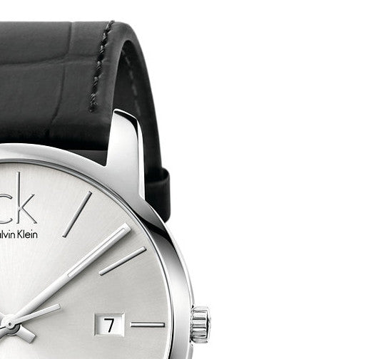 Calvin Klein City Date Silver Dial Black Leather Strap Watch for Men - K2G2G1C6 Watches Calvin Klein   