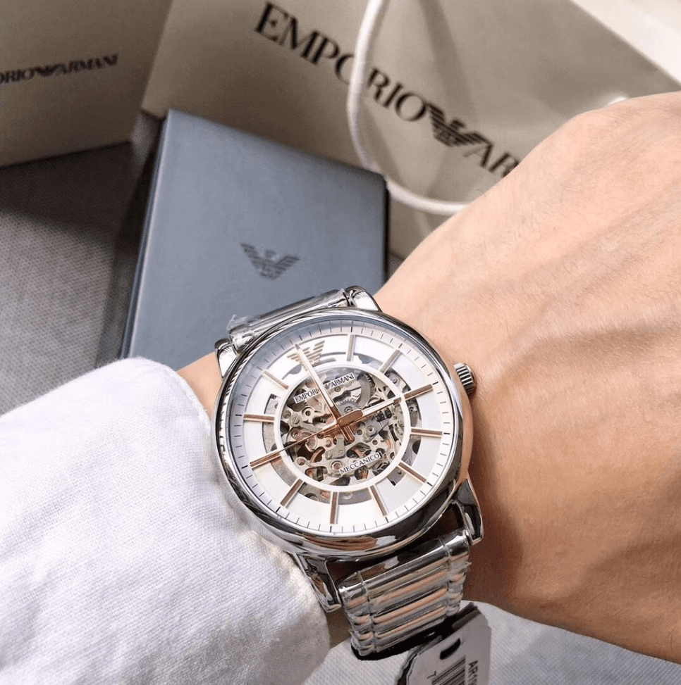 Emporio Armani Meccanico Silver Skeleton Dial Stainless Steel Watch For Men - AR1980 Watches Emporio Armani   