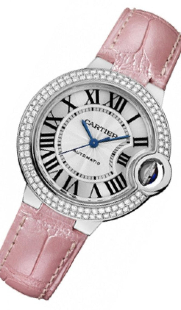 Cartier Ballon Bleu De Cartier Diamonds Silver Dial Pink Leather Strap Watch For Women - WE902037