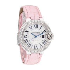 Cartier Ballon Bleu De Cartier Diamonds Silver Dial Pink Leather Strap Watch For Women - WE902037