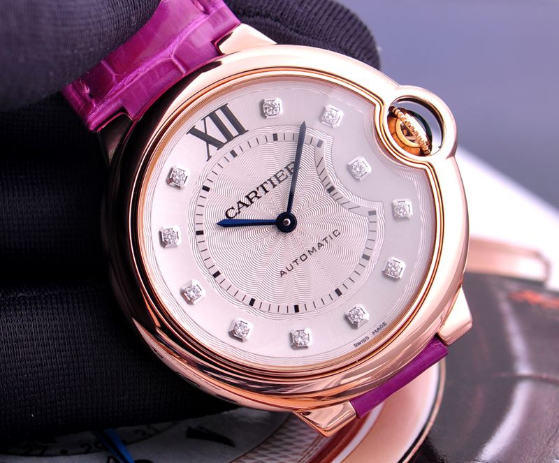 Cartier Ballon Bleu De Cartier Diamonds Silver Dial Pink Leather Strap Watch For Women - WJBB0010